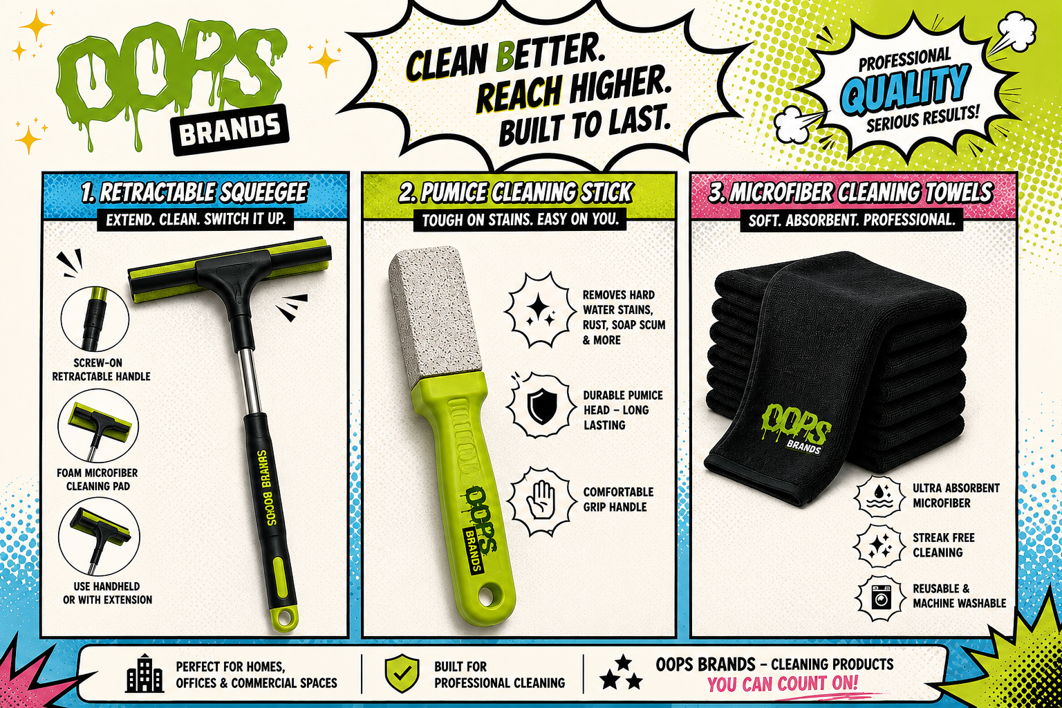 Preview of upcoming OOPS BRANDS retractable squeegee, pumice cleaning stick, and microfiber cleaning towels