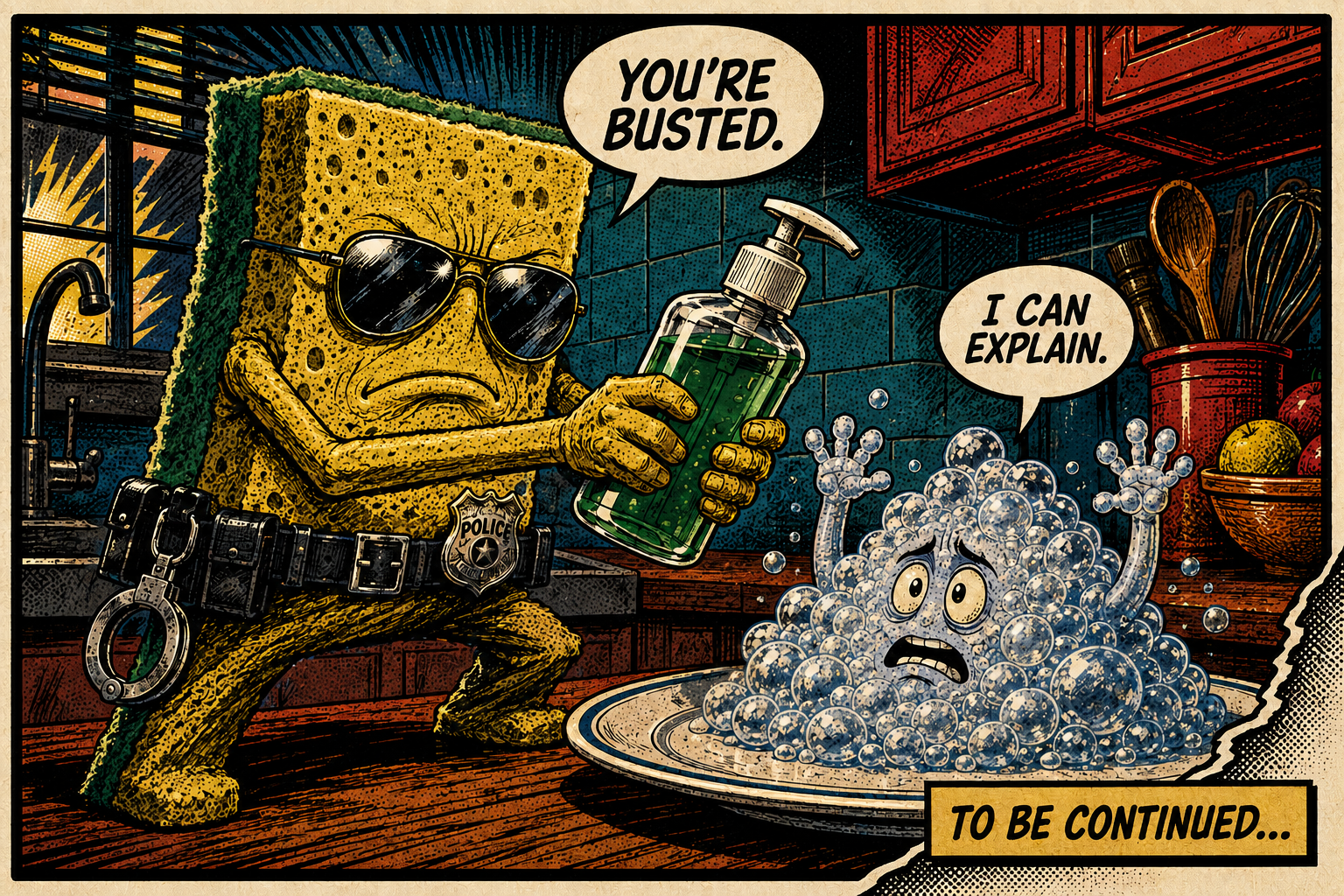 Comic scene of a sponge detective catching a pile of soap bubbles with the caption You're busted